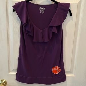 Klutch SZ S Purple Clemson Sleeveless Top ~ v-neck with flowing ruffle.